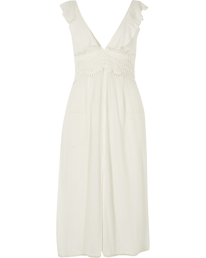 White embroidered frill V neck beach dress