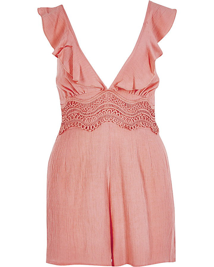 Pink lace frill V neck beach playsuit