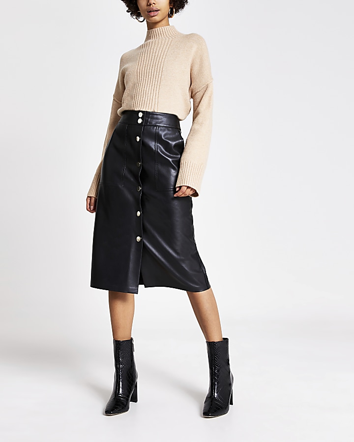 Black faux leather button front midi skirt