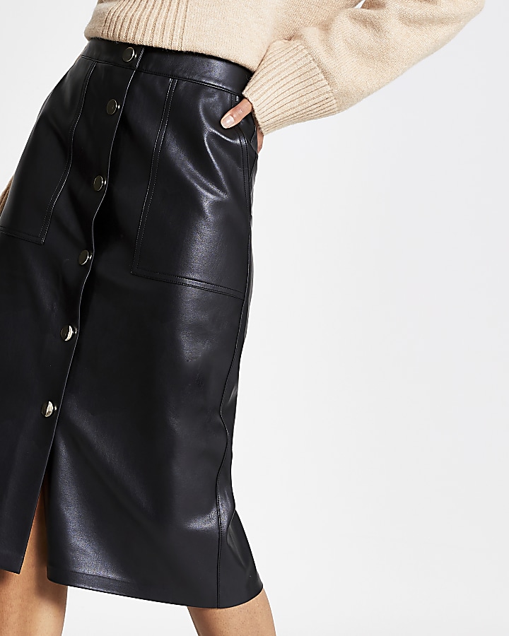 Black faux leather button front midi skirt