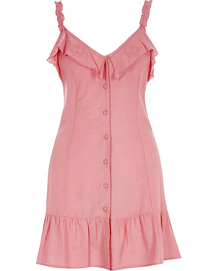 Pink frill button front mini beach dress