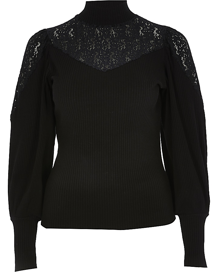Black long sleeve high lace neck top