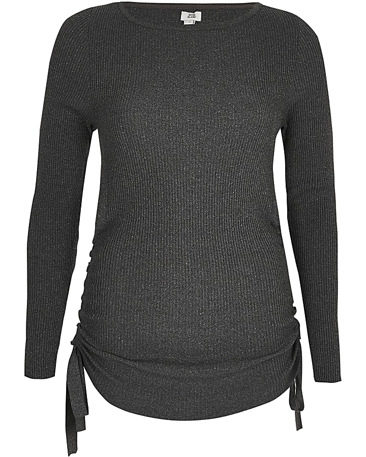 Grey ruched side ribbed long sleeve top