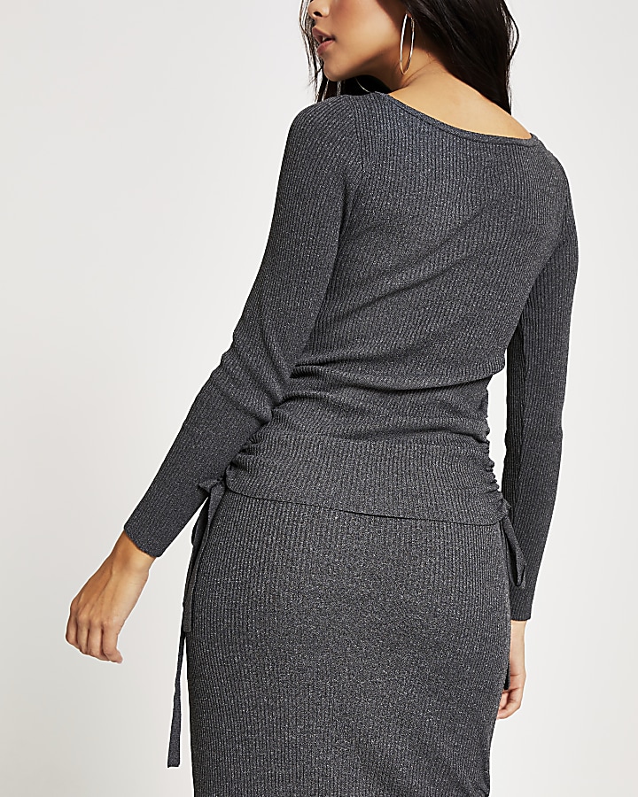 Grey ruched side ribbed long sleeve top