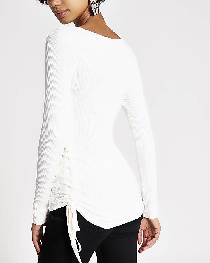 Cream ruched side ribbed long sleeve top