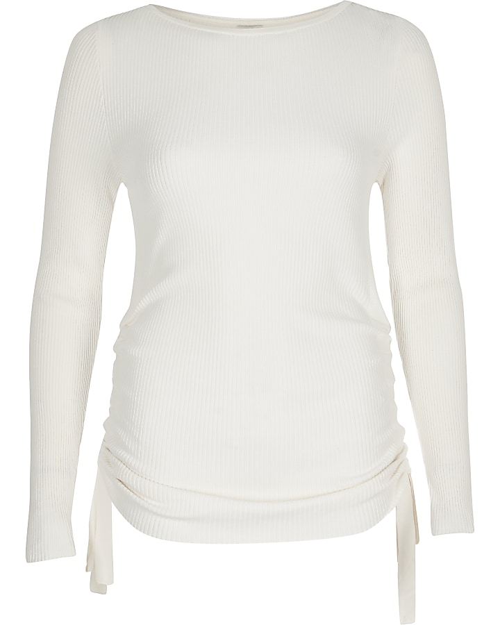 Cream ruched side ribbed long sleeve top