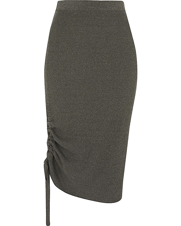 Grey ribbed ruched side midi skirt