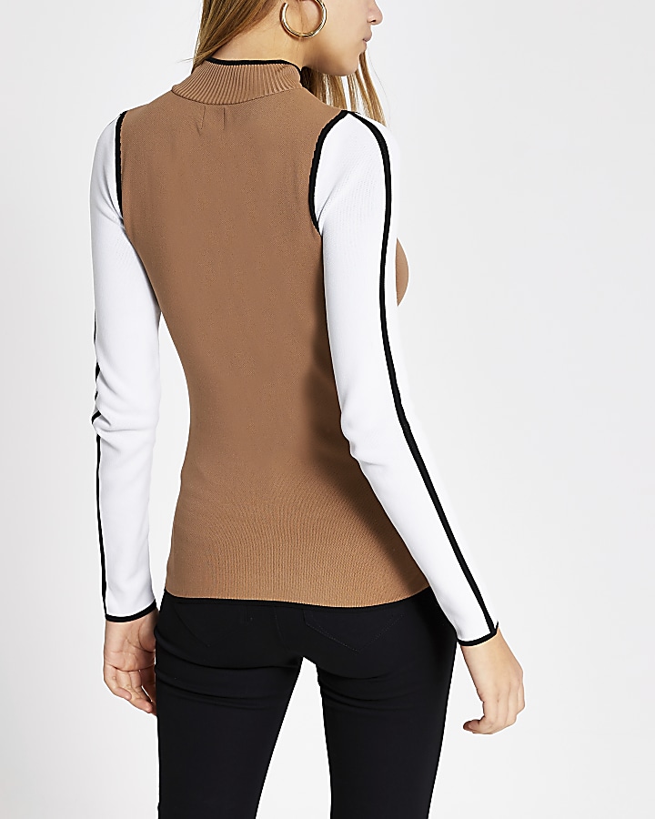 Brown colour blocked high neck knitted jumper