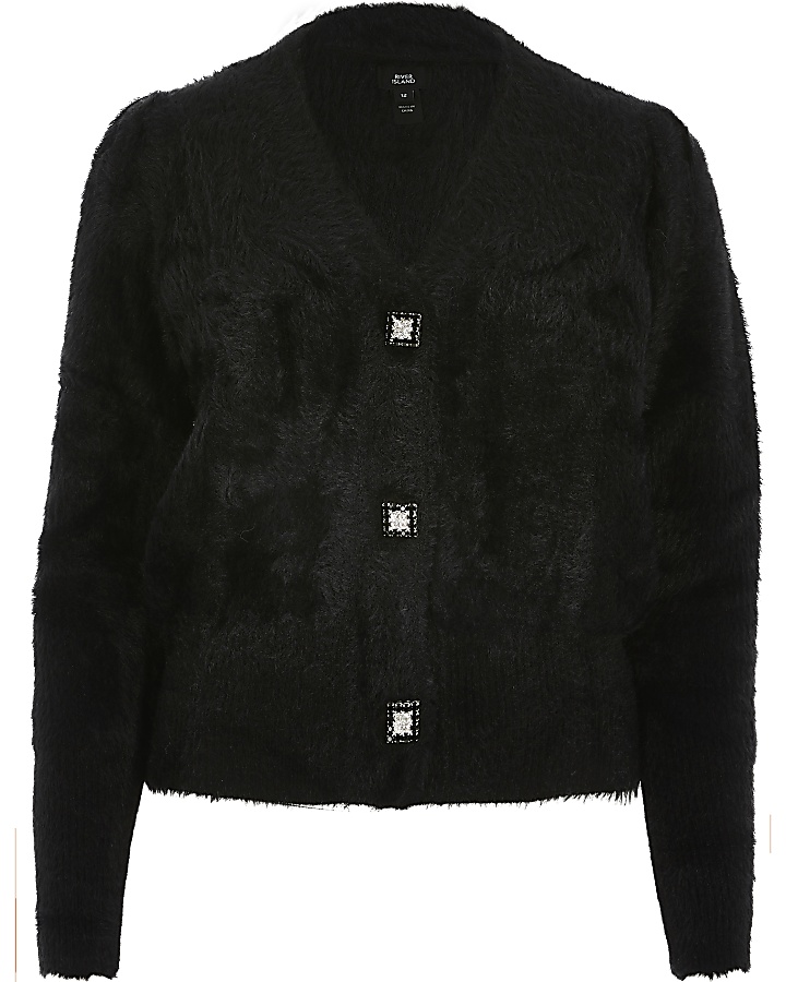 Black embellished button fluffy knit cardigan