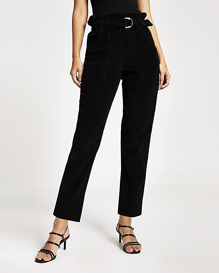 Black corduroy high waist paperbag jeans