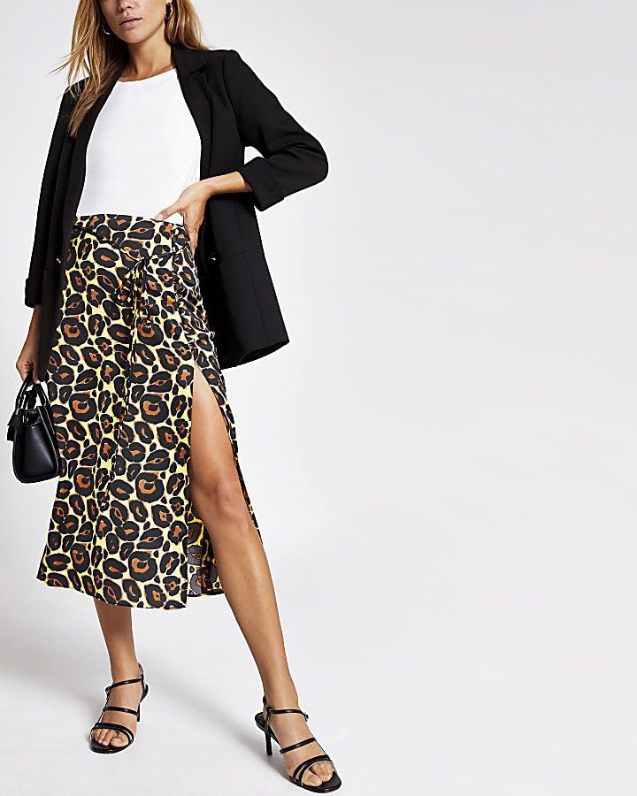 Beige leopard print thigh split midi skirt