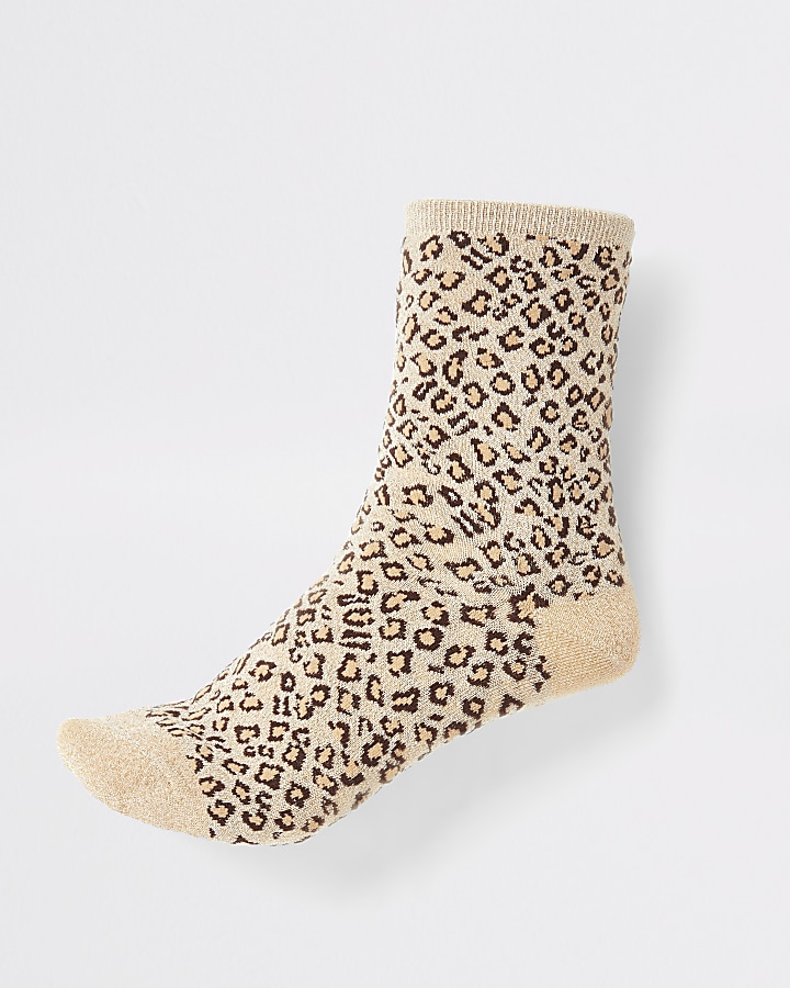 Brown glitter leopard print ankle socks