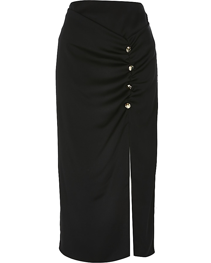 Black ruched front button midi skirt