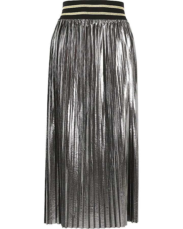 Silver metallic pleated midi skirt