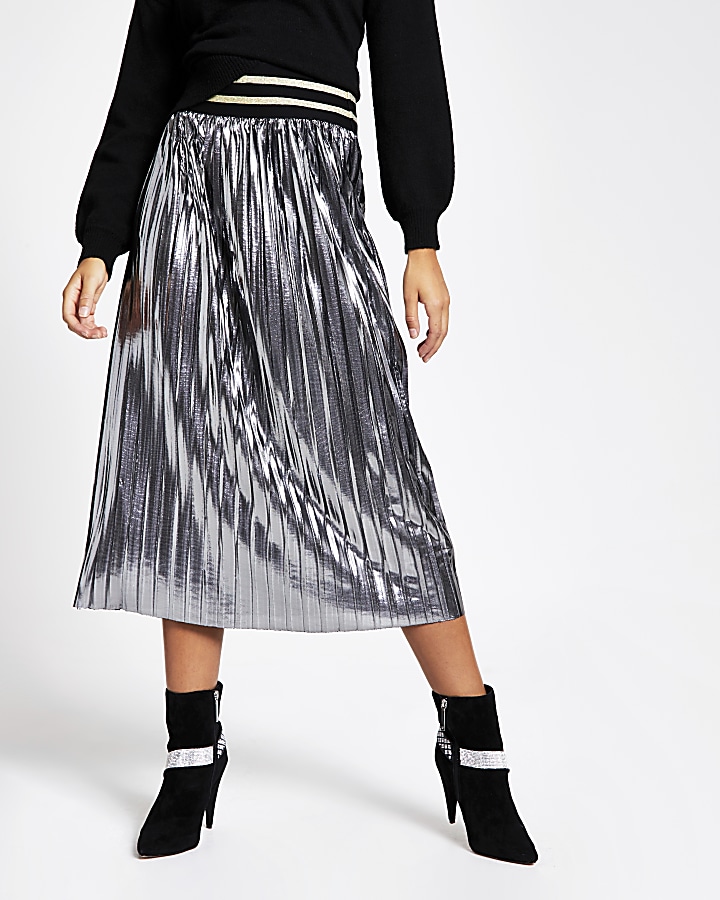 Silver metallic pleated midi skirt