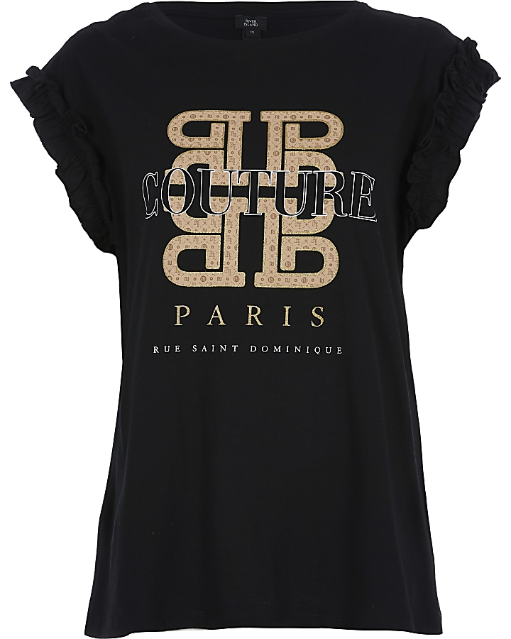 Black 'RI Couture' print frill sleeve T-shirt
