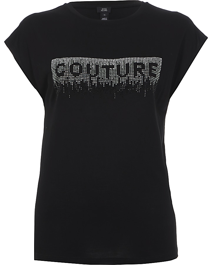 Black 'Couture' diamante frill trim T-shirt