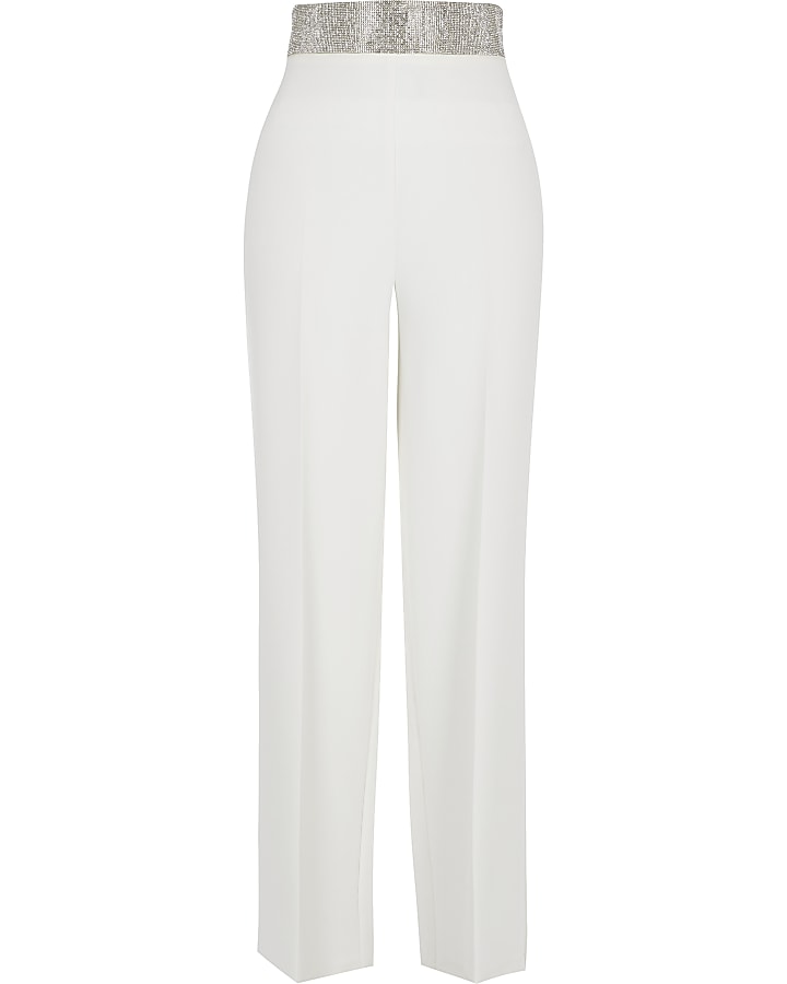 White diamante high waist wide leg trousers