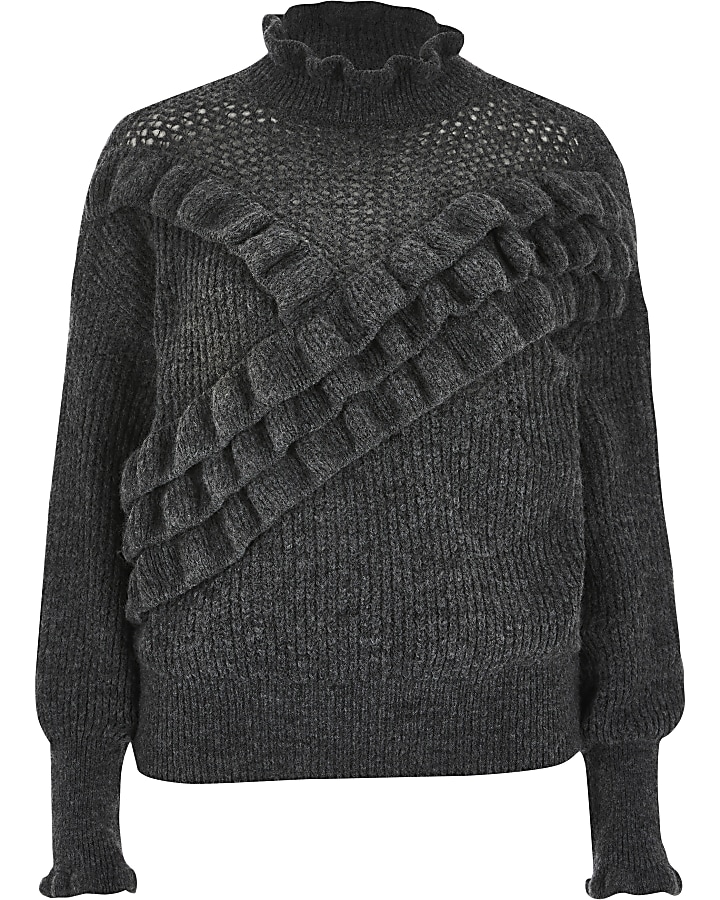 Grey ruffle frill knitted jumper