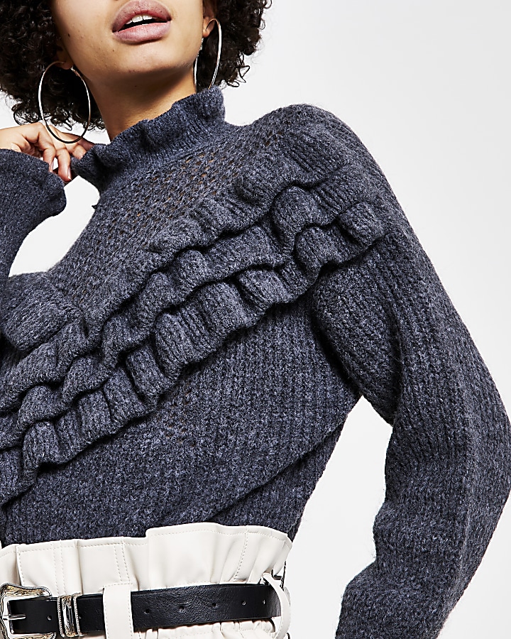 Grey ruffle frill knitted jumper