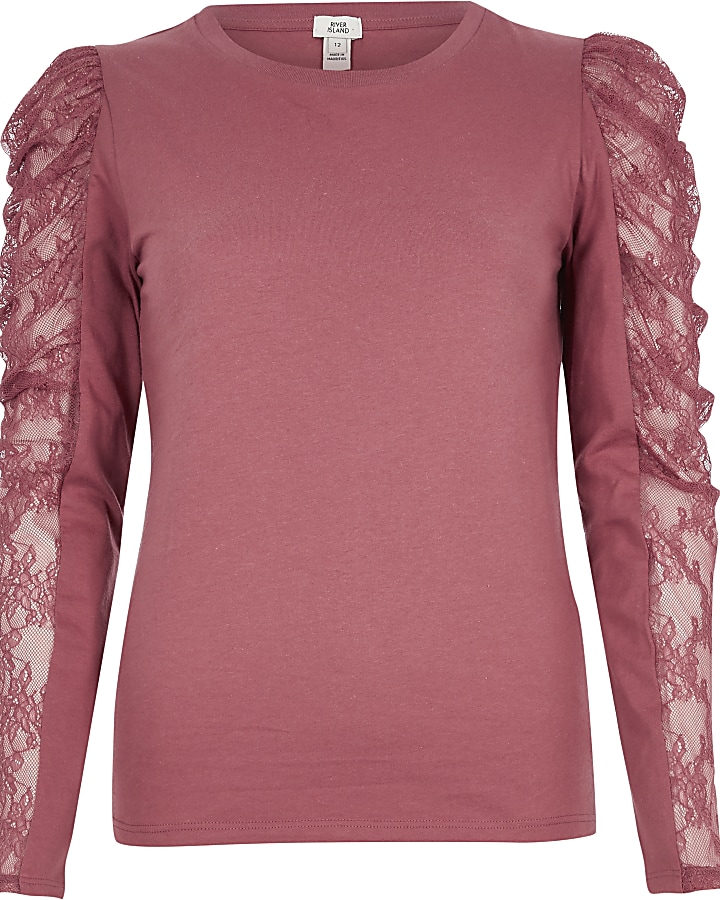 Pink sheer lace puff long sleeve T-shirt