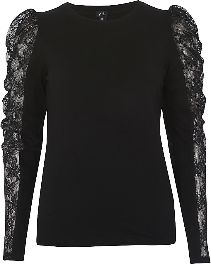 Black lace long sheer puff sleeve T-shirt