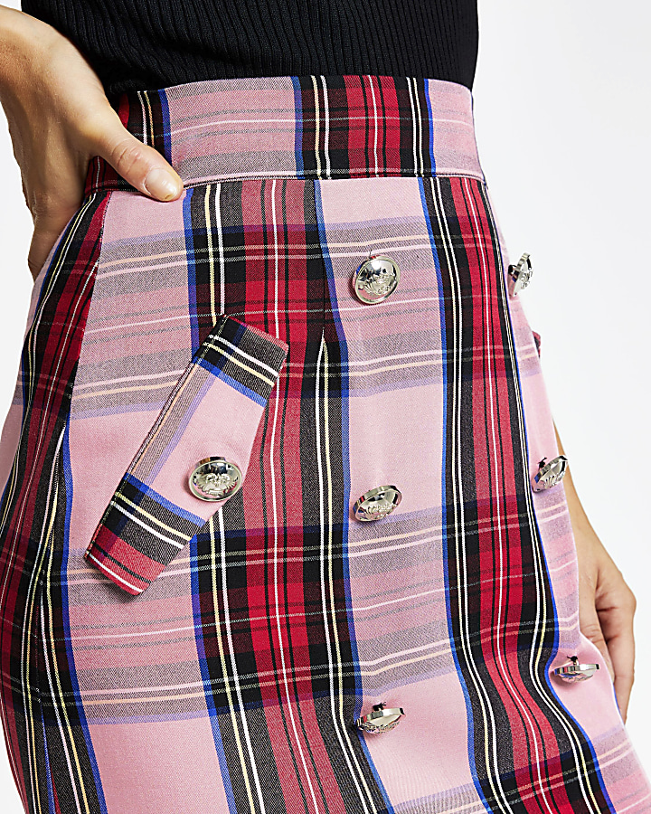 Pink check button front mini skirt