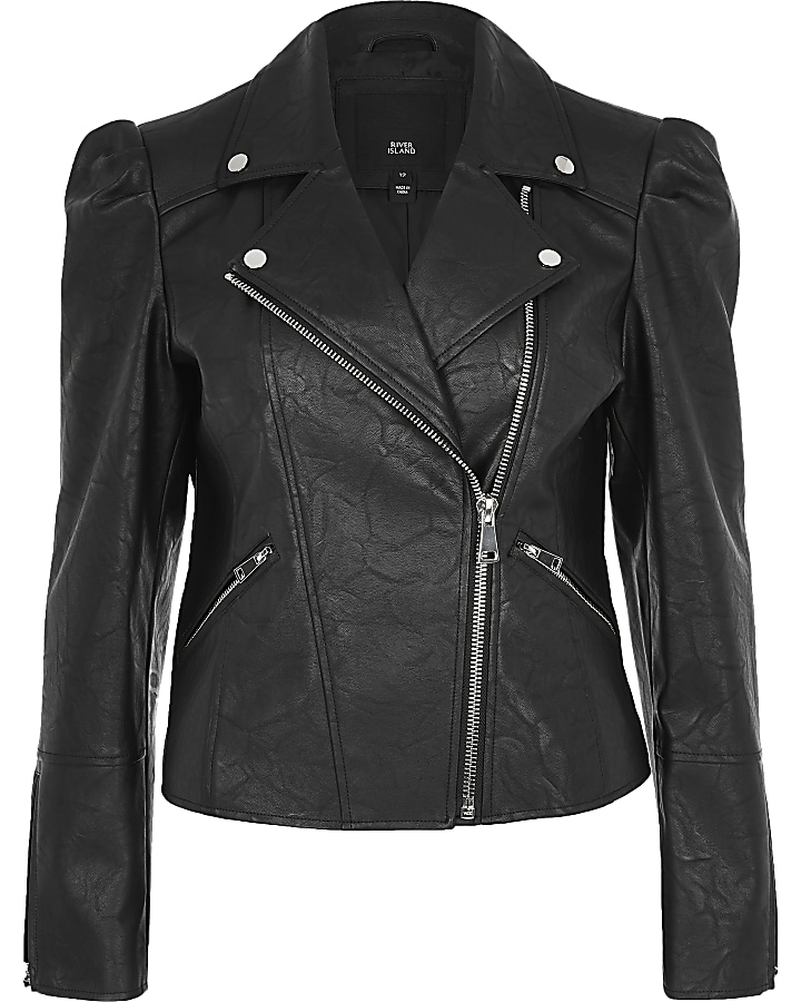 Black faux leather puff sleeve biker jacket