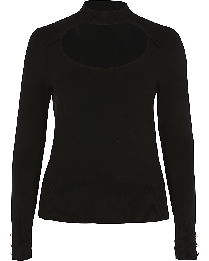 Black choker cut out long sleeve knitted top