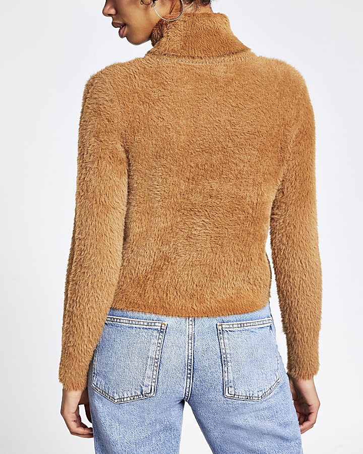 Brown roll neck fluffy cropped jumper