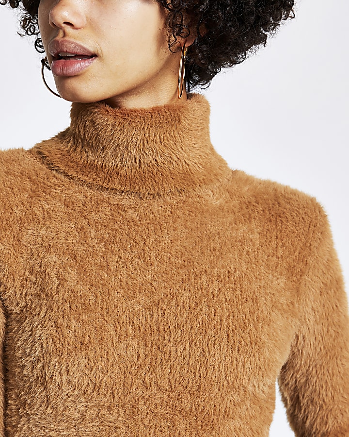 Brown roll neck fluffy cropped jumper