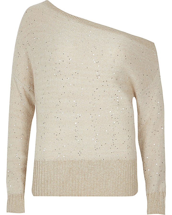 Beige sequin asymmetric neck knitted top