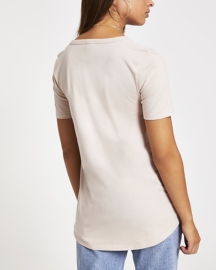 Beige short sleeve V neck T-shirt
