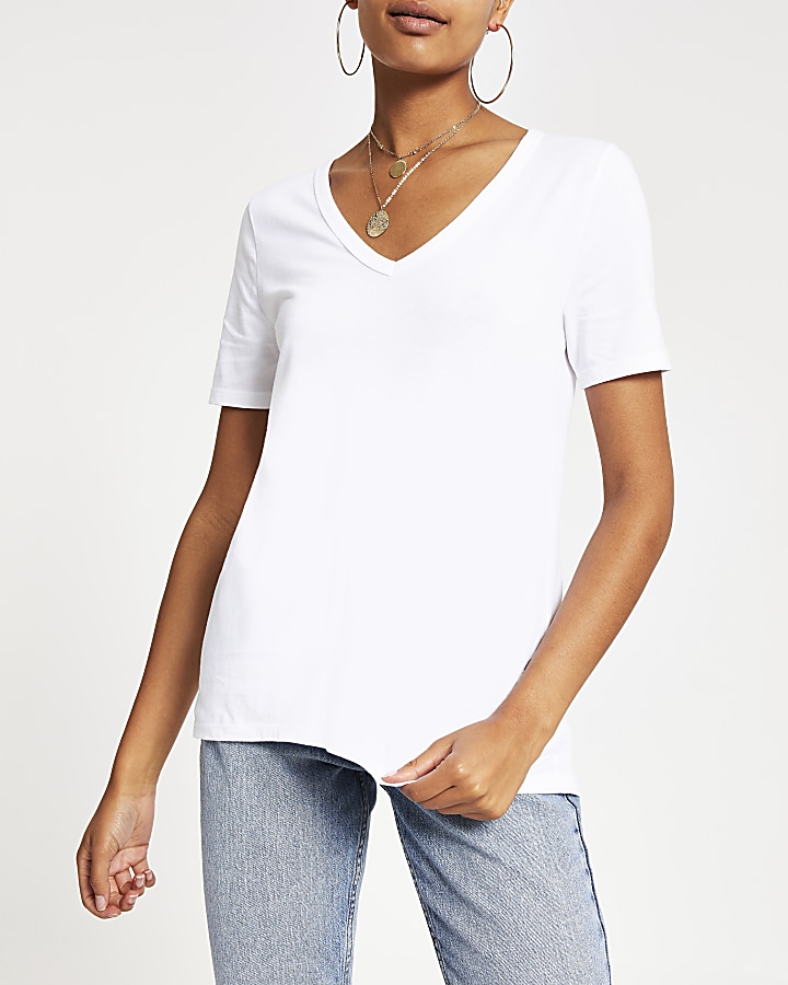 White V neck short sleeve T-shirt