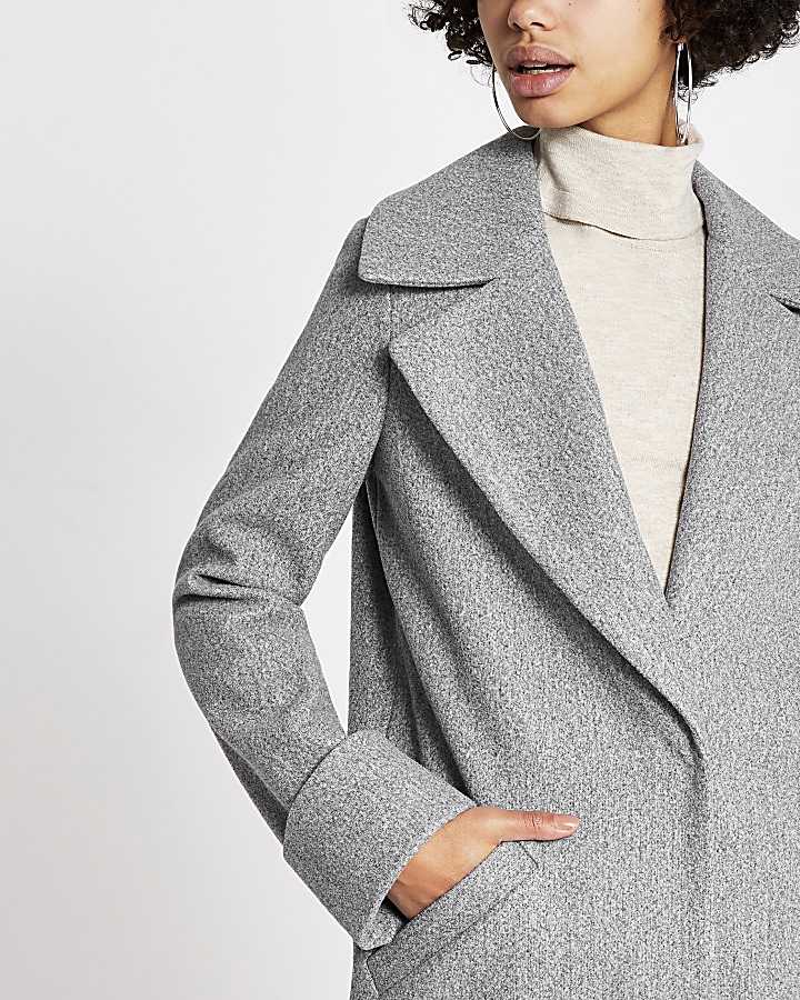 Grey faux fur collar longline coat