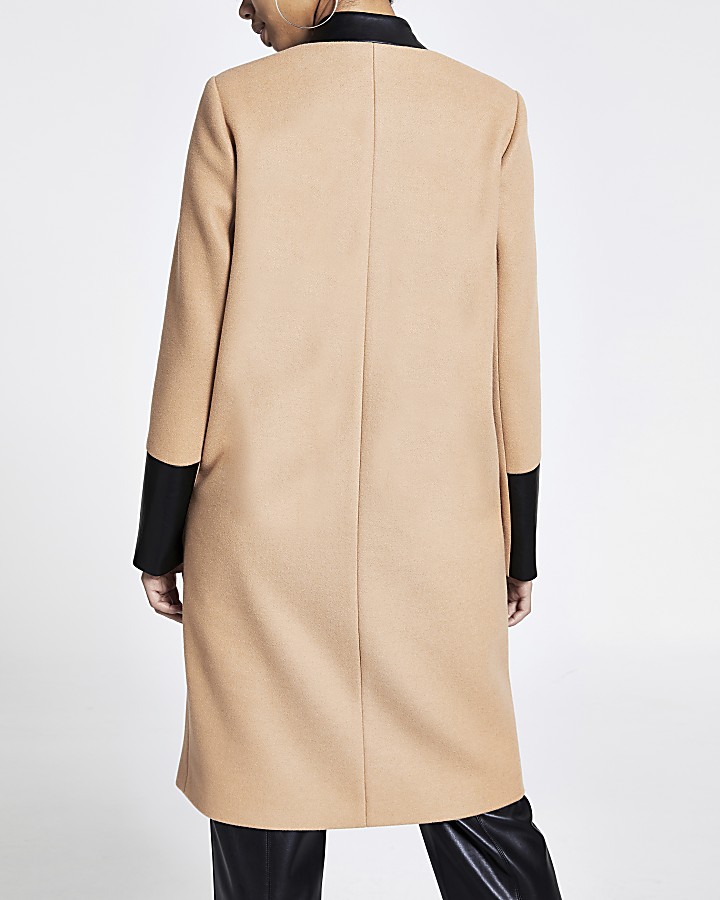 Beige PU colour blocked longline coat