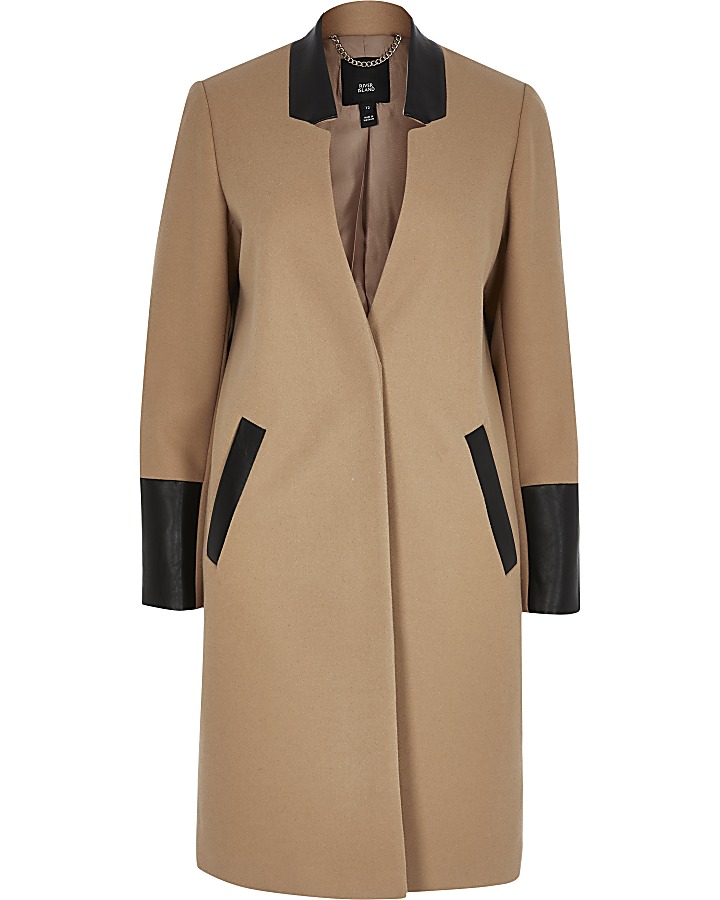 Beige PU colour blocked longline coat
