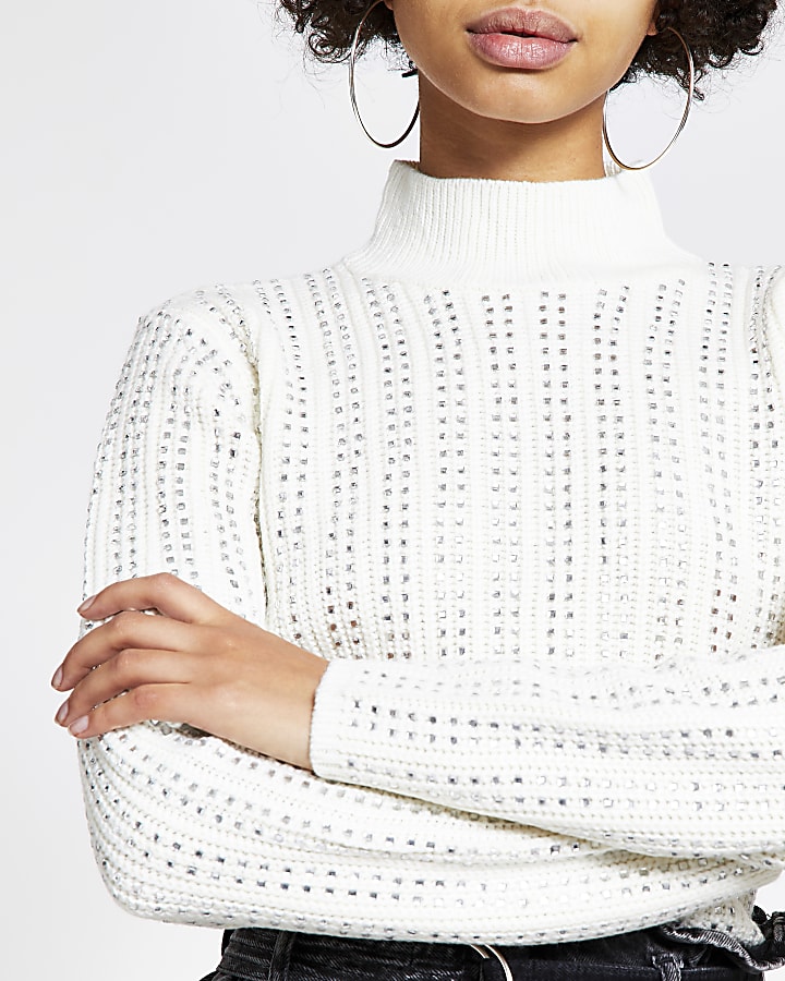Cream diamante cropped knitted jumper