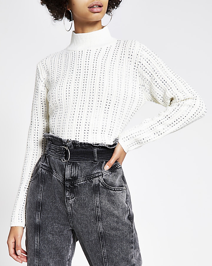 Cream diamante cropped knitted jumper