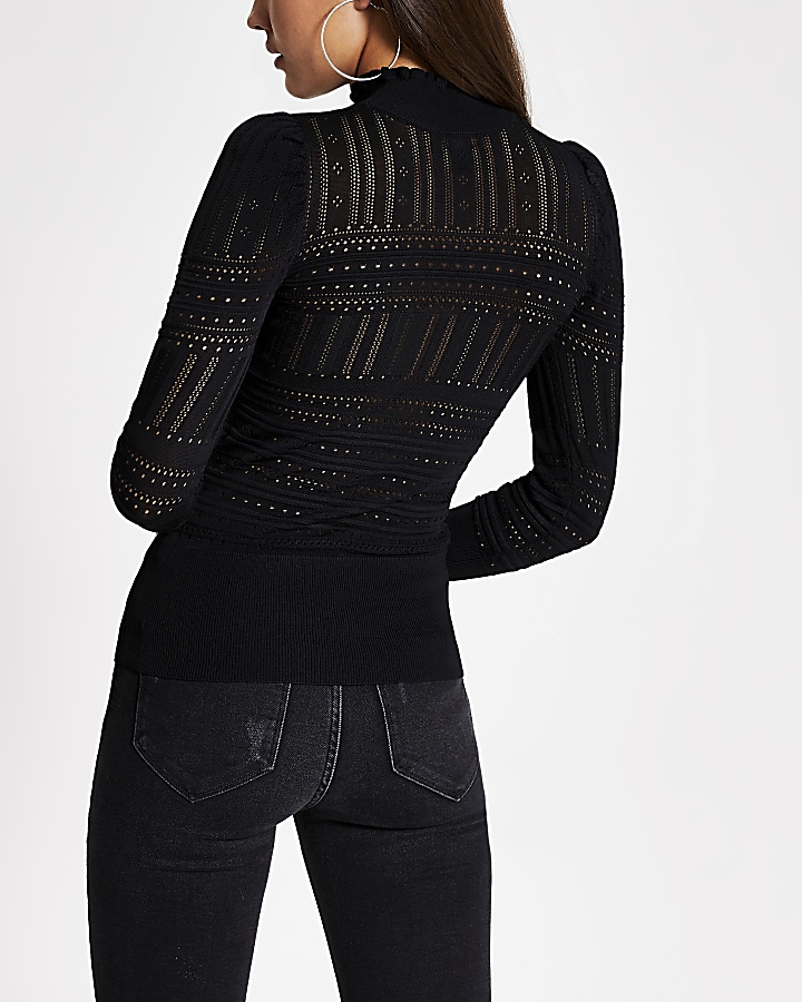 Black knitted long frill sleeve top