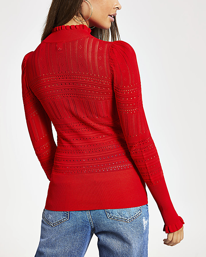 Red frill trim knitted top