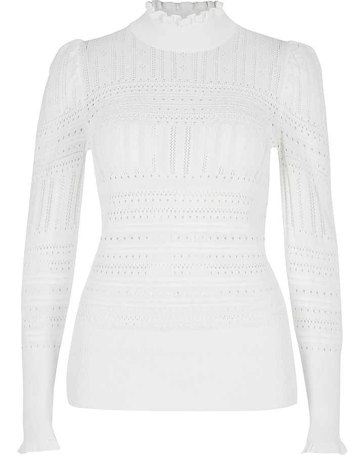 Cream puff sleeve pointelle knitted top