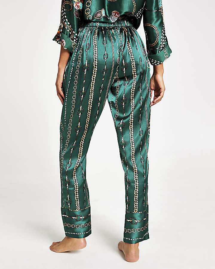 Green printed satin family pyjama trousers