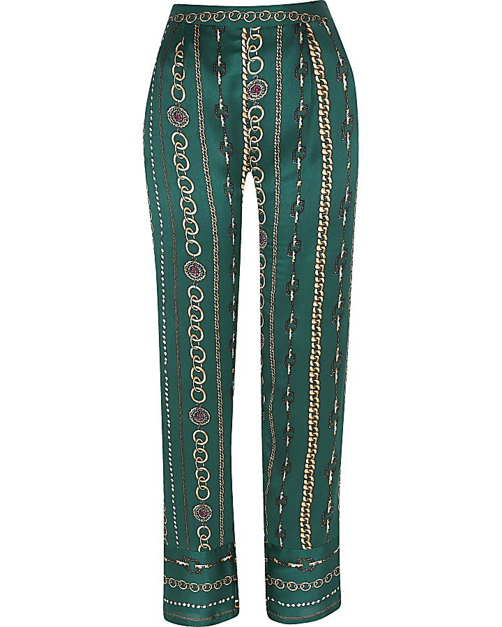 Green printed satin family pyjama trousers