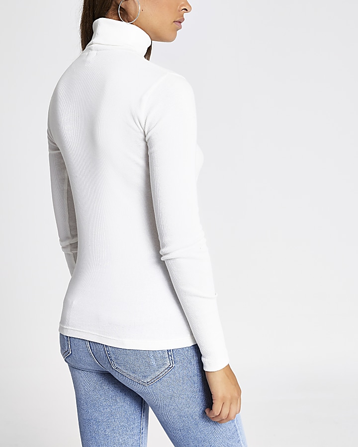 Cream long sleeve roll neck ribbed top