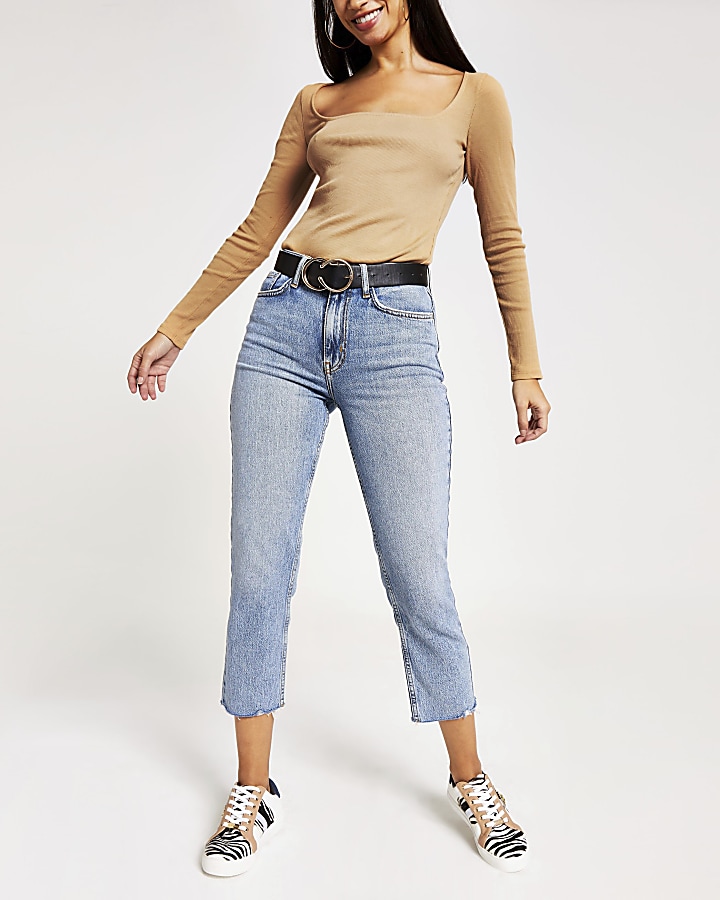 Camel long sleeve square neck ribbed top