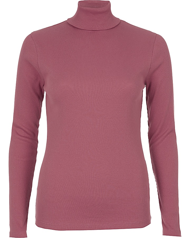 Pink roll neck long sleeve ribbed top