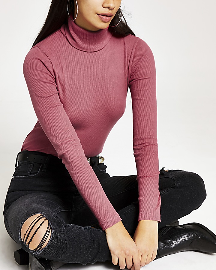 Pink roll neck long sleeve ribbed top