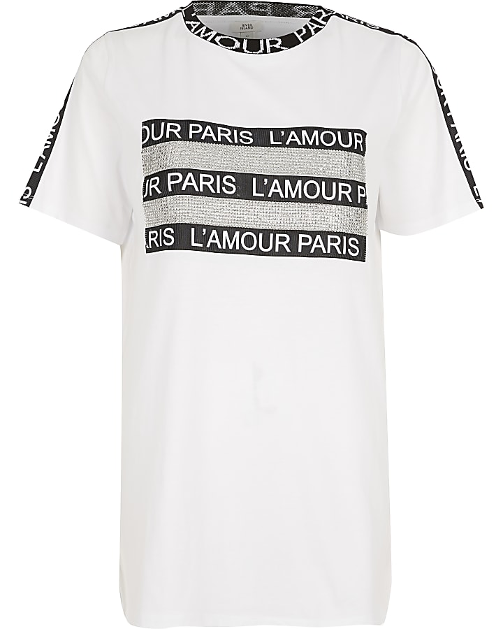 White 'Paris' embellished boyfriend T-shirt