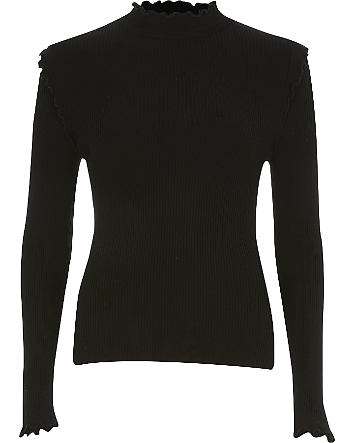 Black ribbed long sleeve frill high neck top